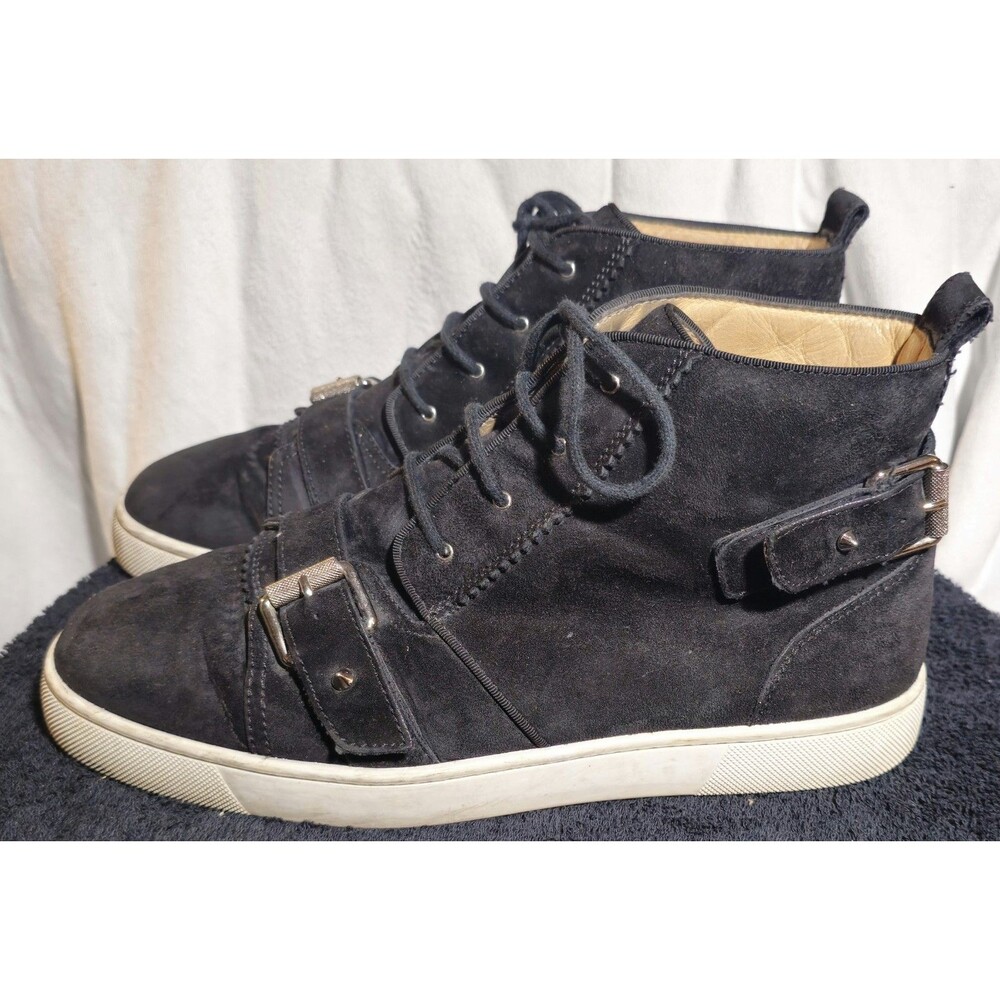 Louboutin Nono Strap Flat Black Suede Belted Buckle Logo HiTop Sneakers Size 9.5